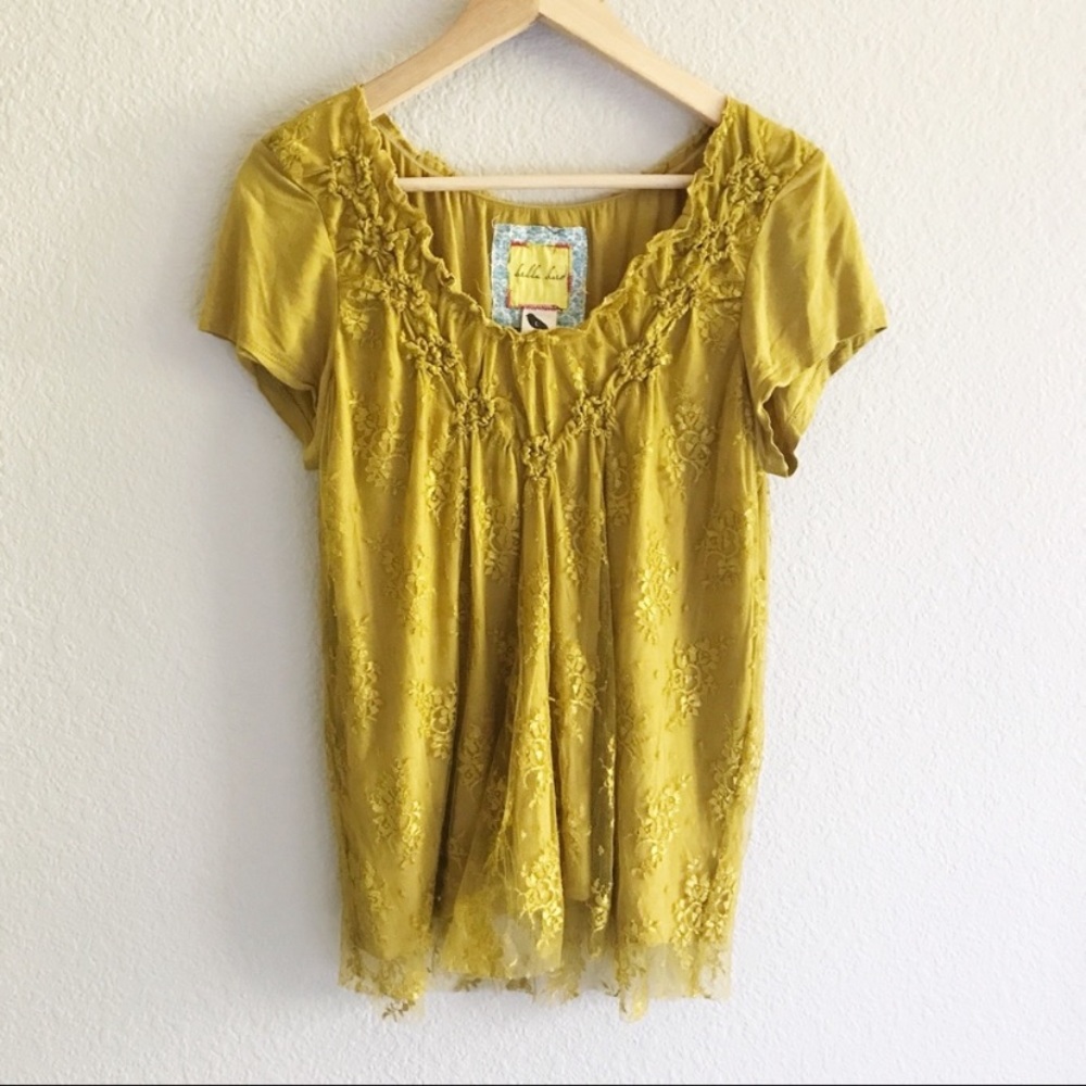 Anthropologie Bella Bird Lace Overlay Short Sleeve